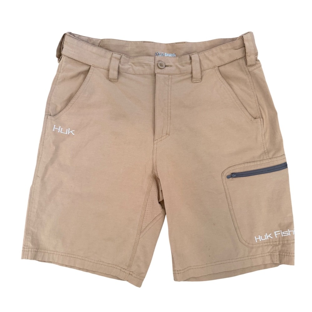 Huk Fishing Mens Performance Shorts Tan Khaki Stretch Cargo Size L